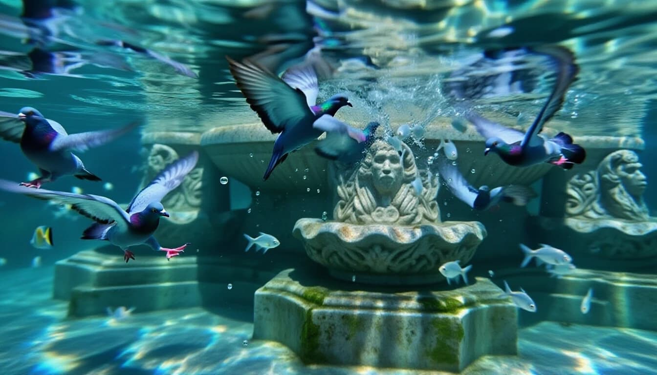 An enchanting underwater tableau what is happening underwater (view from beneath the surface), a ornate stone fountain captured mid-splash, pigeons plunging through crystalline water with wings half-folded and pink feet extended, dozens of silvery tropical fish weaving around carved stone faces and algae-streaked basins, suspended bubbles and water droplets frozen in dynamic motion. Turquoise and emerald caustic light dances across weathered marble, shafts of sunlight refracted into shimmering patterns on the pool floor. Hyper-detailed textures: moss, worn carvings, iridescent feathers, glistening scales. Dreamlike realism blending photorealistic rendering with painterly color grading, cinematic composition centered on the fountain, shallow depth of field with soft background bokeh, subtle motion blur on wings, high contrast, rich saturation, volumetric light rays, ultra-fine detail, 8k cinematic clarity, evoke whimsical, surreal, peaceful atmosphere.