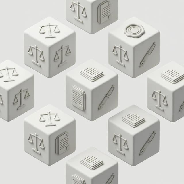 3D isometric composition of minimalist matte white cubes floating in a clean, studio space. Each cube features high-quality, embossed or debossed icons related to legal entity registration and liquidation: a stylized scale of justice, a professional wax seal, a stack of legal documents, and a signature pen. The aesthetic is ultra-modern, clean, and corporate, utilizing a soft claymorphism style with smooth rounded edges. Soft, diffused global illumination creates gentle ambient occlusion shadows, emphasizing the volumetric form of the cubes. High-end Octane Render style, 8k resolution, macro photography perspective, soft shadows, pure white background, professional motion graphics aesthetic, sharp focus on icon details, minimal and sophisticated atmosphere.