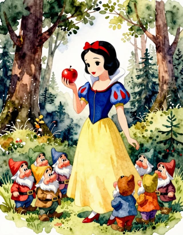 A masterpiece. Creating an image. The style is watercolor painting. Delicate watercolor on raw material.((Snow White with a red apple in her hand and (the seven dwarfs:1.7), against the background of a fantastic forest, on a sunny beautiful day:1.6)). High resolution. High detail and clear texture. Close-up. High quality. Increased attention to small details. The aspect ratio is 3:4. The artists are Levitan, Shishkin.