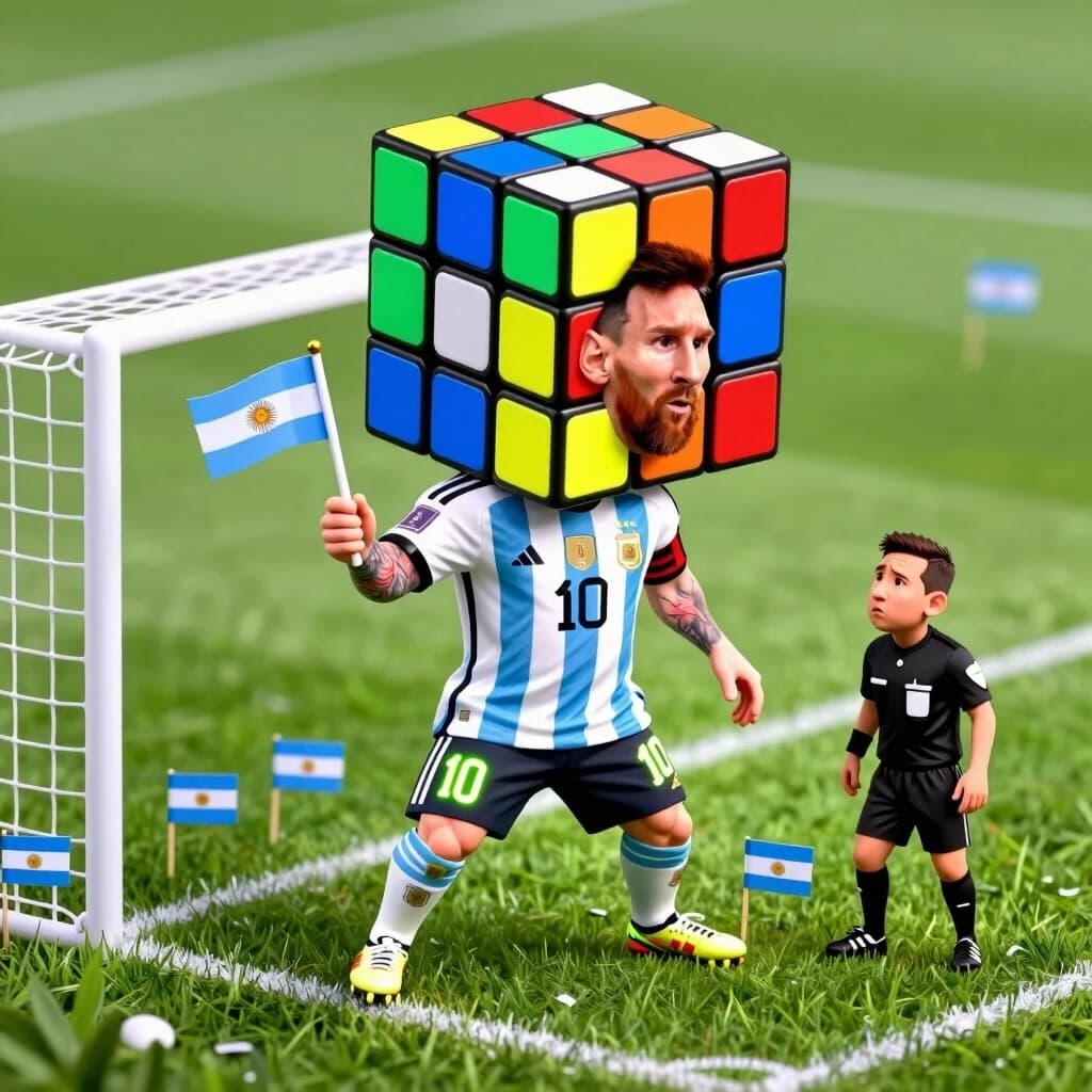 Hyper-exaggerated, grotesque caricature of Lionel Messi, instantly recognizable by his iconic low center of gravity and compact build. His body is comically shrunk to the size of a toddler, while his legendary left leg is grotesquely oversized — three times his body length, with "10" tattooed on the calf in glowing neon. His head is a giant Rubik's Cube, with mismatched colors and one solved face showing his own perplexed expression. He holds a tiny Argentine flag in one hand and a confused referee in the other, trying to explain why his leg is offside. The background is a football pitch where the grass is made of tiny Argentine flags, and the goalposts are shaped like his own left leg. Absurd, hyper-detailed, grotesque, 2:3 vertical. No text.