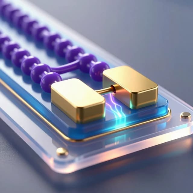 hyper-realistic scientific 3D illustration of a cross-section of an Organic Field-Effect Transistor (OFET) with a bottom-gate and top-contact architecture. Flexible transparent PET substrate at the very bottom. A continuous metallic gate electrode underneath, followed by a thin translucent blue aluminum oxide dielectric layer. Above it lies a narrow channel of deep purple organic semiconductor nanocrystals connecting two massive polished gold source and drain electrodes with a small gap between them. The device emits a subtle internal glow indicating current flow through the channel. Macro photography, extreme close-up, shallow depth of field focusing on the active layers. Cold directional studio lighting from above combined with soft backlighting through the substrate to highlight the gate-dielectric boundary. Ray tracing reflections, caustics, electric field aura effects around the contacts. Clean high-tech atmosphere, sterile environment, no bond pads visible. 8K resolution, intricate microscopic details, photorealistic textures.