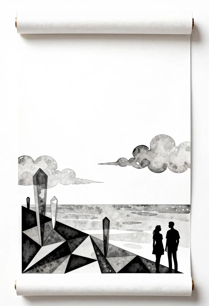A polygonal pattern on canvas, a scroll, angular bold lines, stencil watercolor, a high plateau with translucent stalagmites, a pearl-gray sea below, clouds, and silhouettes of a woman and a man, a minimalist palette.