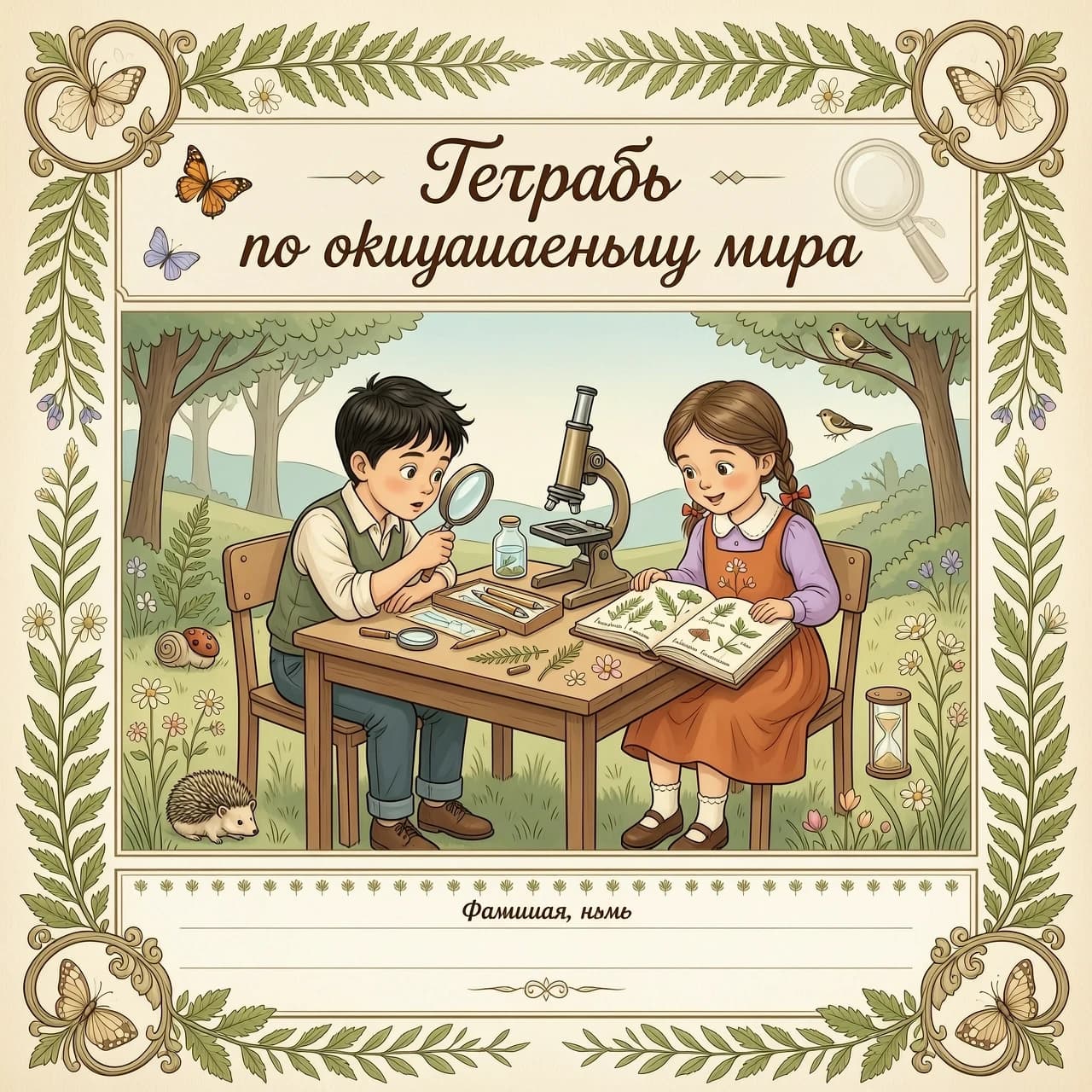 Картинка в винтажном стиле в пастельных тонах . Вокруг изображение красивой природы.
 Вверху картинки надпись красивым шрифтом без ошибок
Тетрадь 
по окружающему миру .
В центре картинки мальчик и девочка сидят за партой с микроскопом, лупой , гербарием, песочными часами.
Внизу картинки пустая рамка, в которой линии для подписи.