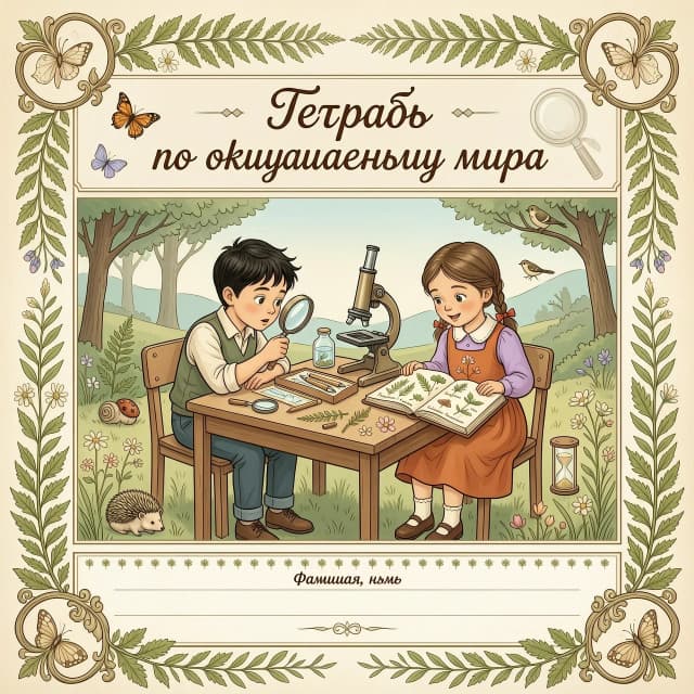 Картинка в винтажном стиле в пастельных тонах . Вокруг изображение красивой природы.
 Вверху картинки надпись красивым шрифтом без ошибок
Тетрадь 
по окружающему миру .
В центре картинки мальчик и девочка сидят за партой с микроскопом, лупой , гербарием, песочными часами.
Внизу картинки пустая рамка, в которой линии для подписи.