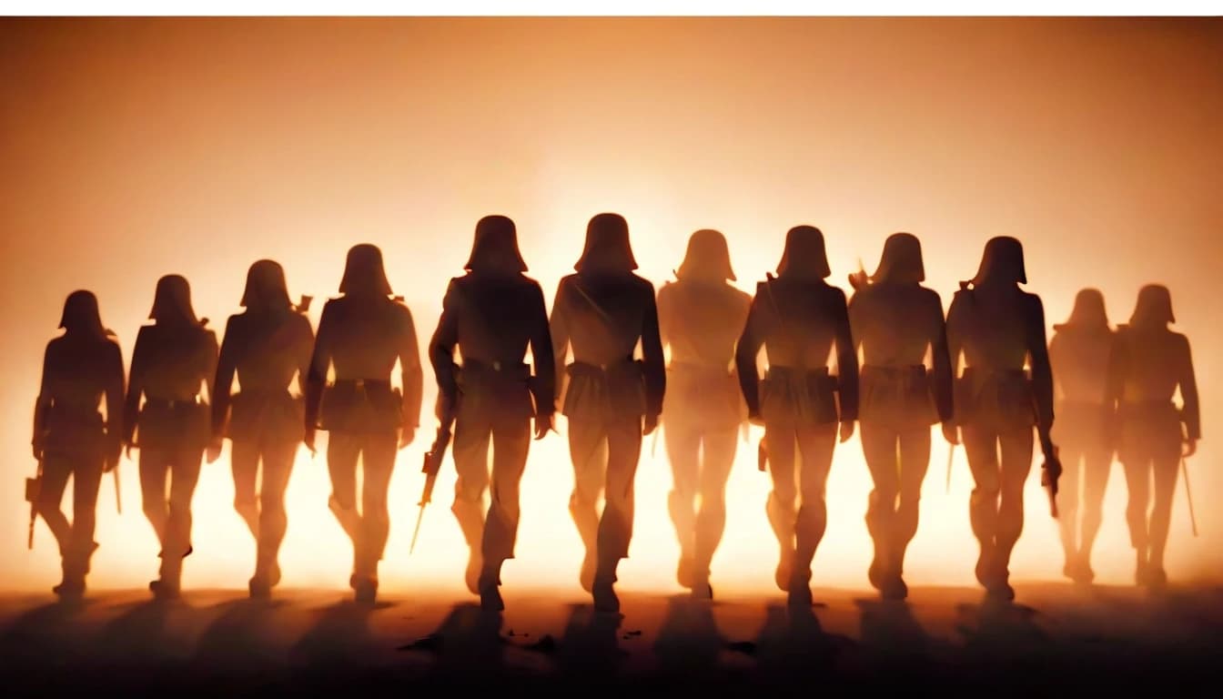 Conceptual image, phantom army silhouette of soldiers marching in fog, ghostly translucent effect, sepia tone