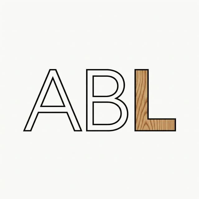 Logo for a woodworking workshop ABL. The letter L features a realistic wood grain texture (pine). The other letters are thin black outlines. White background. Style is understated and craft-oriented. Flat design with a single textured element for contrast