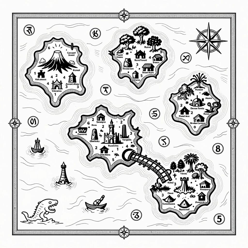 A highly detailed 2D top-down vintage dark fantasy nautical map masterpiece for laser engraving, clear ultra-thin black outlines on a pure white background, no fills, no shading, clean line art. The image is framed by an ornate decorative border with geometric line patterns. The sea area is artistically decorated with fine wave contour lines, an elaborate vintage compass rose:1, mystery fantasy runes:8, and warning stamp icons:5. Sharp coastlines feature artistic dual-line hatching for depth. The map visually displays an archipelago of 5 large distinct climate islands and 10 small random islets, all depicted through hollow icon stamps. The volcanic wasteland island contains Volcanoes:1, Ruined Castles:2, Ancient Altars:3, Caves:4, Rivers:3. The corrupted swamp island contains Burnt Forests:5, Swamps:4, Wooden Bridges:3, Worn Huts:2, Sunken Ruins:3. The frozen tundra island contains Glacial Rivers:2, Ice Caves:3, Stone Obelisks:4, Frozen Fortresses:1. The overgrown ancient jungle island contains Dense Forests:6, Overgrown Temples:2, Rope Bridges:4, Ritual Altars:3, Hidden Caverns:5. The central shattered citadel island contains Megalithic Castle Ruins:1, Abandoned Cathedrals:2, Broken Stone Bridges:5, Crypts:4. The small scattered islets feature Lone Watchtowers:3, Shipwrecks:4, Treasure Caches:5. The surrounding ocean includes stylized Sea Monsters:4 outline stamps. Every single object, border element, and terrain feature is drawn strictly as a hollow vector-like contour line, with zero solid fills and strictly zero text words, perfect for high-contrast laser etching.