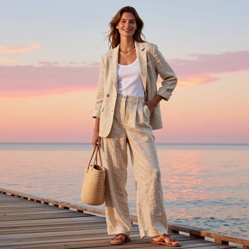 A full-body sunset shot of a female model with European features (defined cheekbones, fair skin, light brown hair gently blowing in the sea breeze), standing on a wooden beach boardwalk with a calm sea and pastel sunset sky in the background. She wears a light beige linen single-breasted blazer with relaxed shoulders, matching wide-leg trousers, and a white cotton tank top. A simple gold chain necklace and leather sandals keep the look effortlessly elegant. She stands with one hand on her hip, the other holding a straw tote bag, looking directly at the camera with a warm, confident smile. The soft, golden light of the setting sun creates a warm, inviting glow. The background is a beautiful gradient of pink, orange, and soft blue sky reflecting on the calm water. Photorealistic, summer evening luxury fashion, 8K, 2:3 vertical, editorial quality. No text, no watermark.
