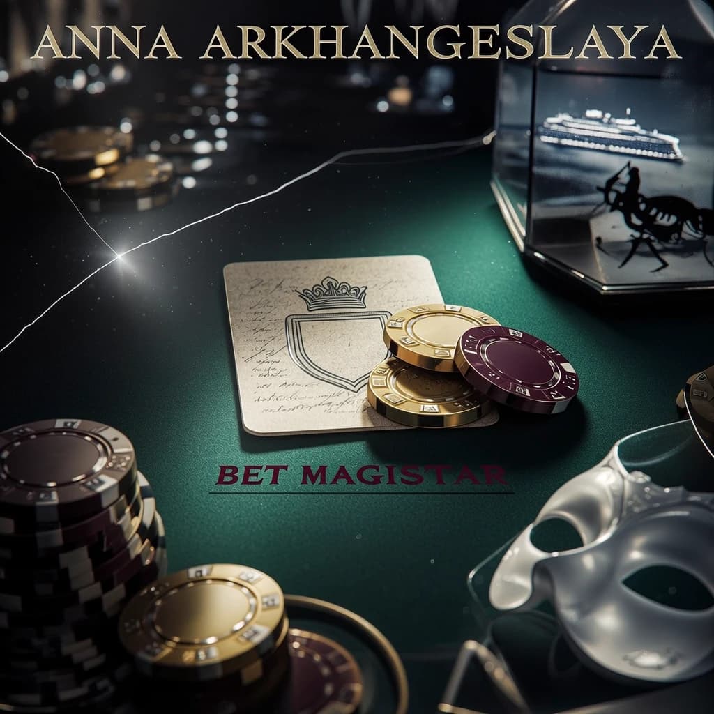 Premium A5 book cover for a detective thriller, vertical orientation. Cinematic realism, hyper-detailed photorealism. 

Composition: A macro close-up shot of a professional poker table covered in deep emerald-green felt. In the center, a single, slightly worn playing card—a "White King" without a suit, featuring a minimalist crown contour and an empty shield. The card is textured, with faint, handwritten script visible through the paper as light bleeds through it. Beside the card lie two or three high-end casino chips and a sharp, thin crack of light cutting through the darkness, like a focused spotlight. 

In the polished, dark reflection of the table's surface, there is a ghostly, sophisticated white masquerade mask and the blurred, bokeh lights of Monte Carlo. In the upper corner, subtly out of focus behind frosted glass, a small, elegant terrarium reveals the faint, non-grotesque silhouette of a scorpion. In the far distance, visible through a window, a magnificent, glowing modern cruise liner glides on the dark sea.

Atmosphere: Cold luxury, intellectual tension, and an impending sense of threat. A light haze hangs in the air with microscopic dust particles dancing in a single dramatic light beam.

Color Palette: Deep obsidian black, rich emerald green, polished gold, subtle blood-burgundy accents, and sharp silver highlights.

Typography (Russian language only):
Top: "АННА АРХАНГЕЛЬСКАЯ"
Королевский флеш:
СТАВКА МАГИСТРА