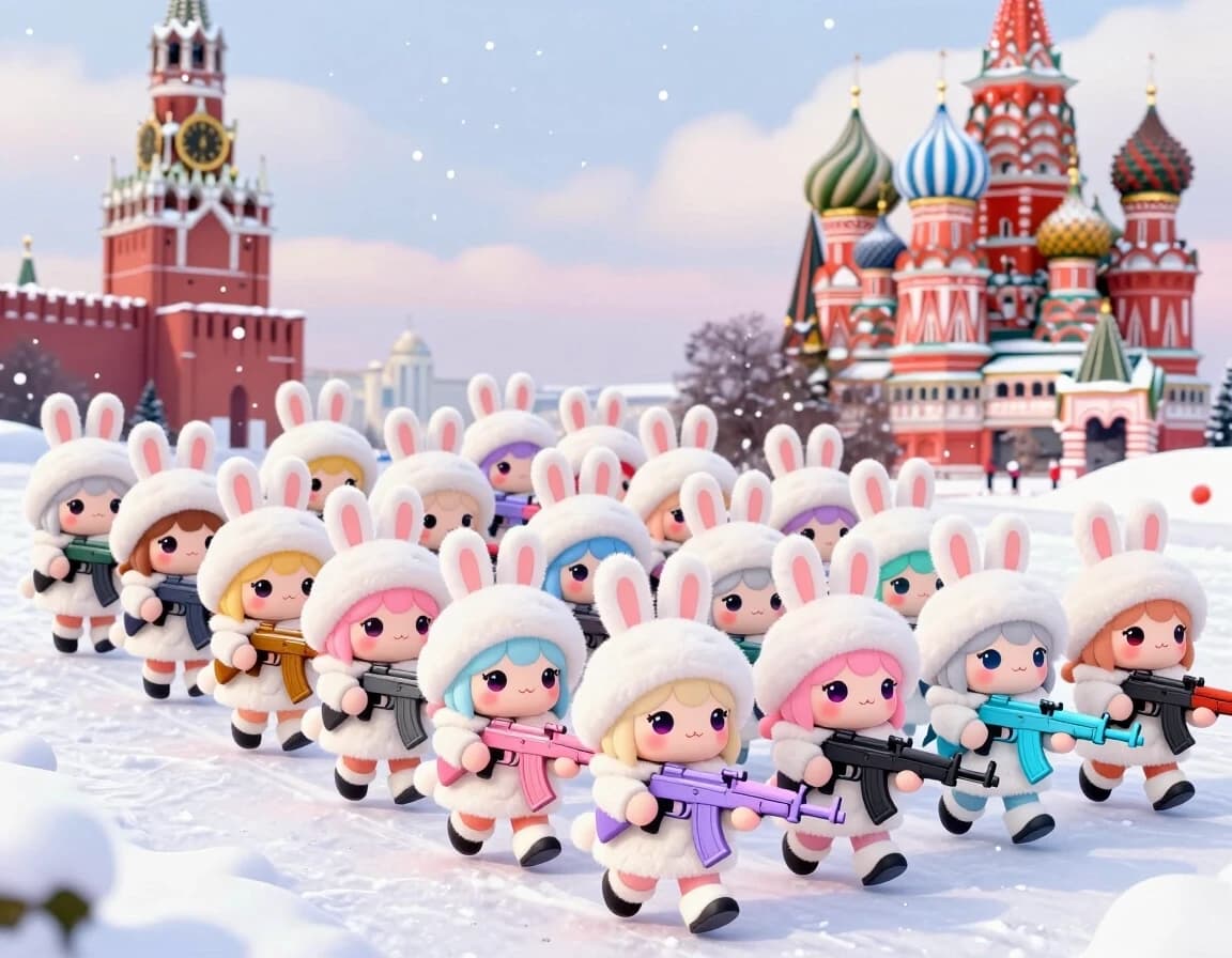 Cute kawaii chibi-style anthropomorphic bunny girls marching in dense multiple parallel rows on snowy Red Square in Moscow.

Many ranks of adorable chibi rabbit girls with big sparkling eyes, fluffy bunny ears and small tails, each wearing a fluffy white winter fur coat, white bunny-ear ushanka hat and white boots.

They have diverse hair colors: light brown, blonde, soft pink, light blue, lavender, silver, peach, mint, etc.

Each girl holds a stylized cute pastel-colored AK-style rifle (pink, lavender, light blue).

They are marching forward in neat military parade formation, several deep rows stretching into the distance.
Winter landscape: thick white snow covering the ground, soft falling snowflakes in the air, snow on the roofs and walls.

Background: Spasskaya Tower with clock on the left, colorful onion domes of Saint Basil’s Cathedral on the right, pale winter sky with light clouds.
Highly detailed chibi anime style, soft pastel colors, wholesome and adorable atmosphere, clean composition, high quality