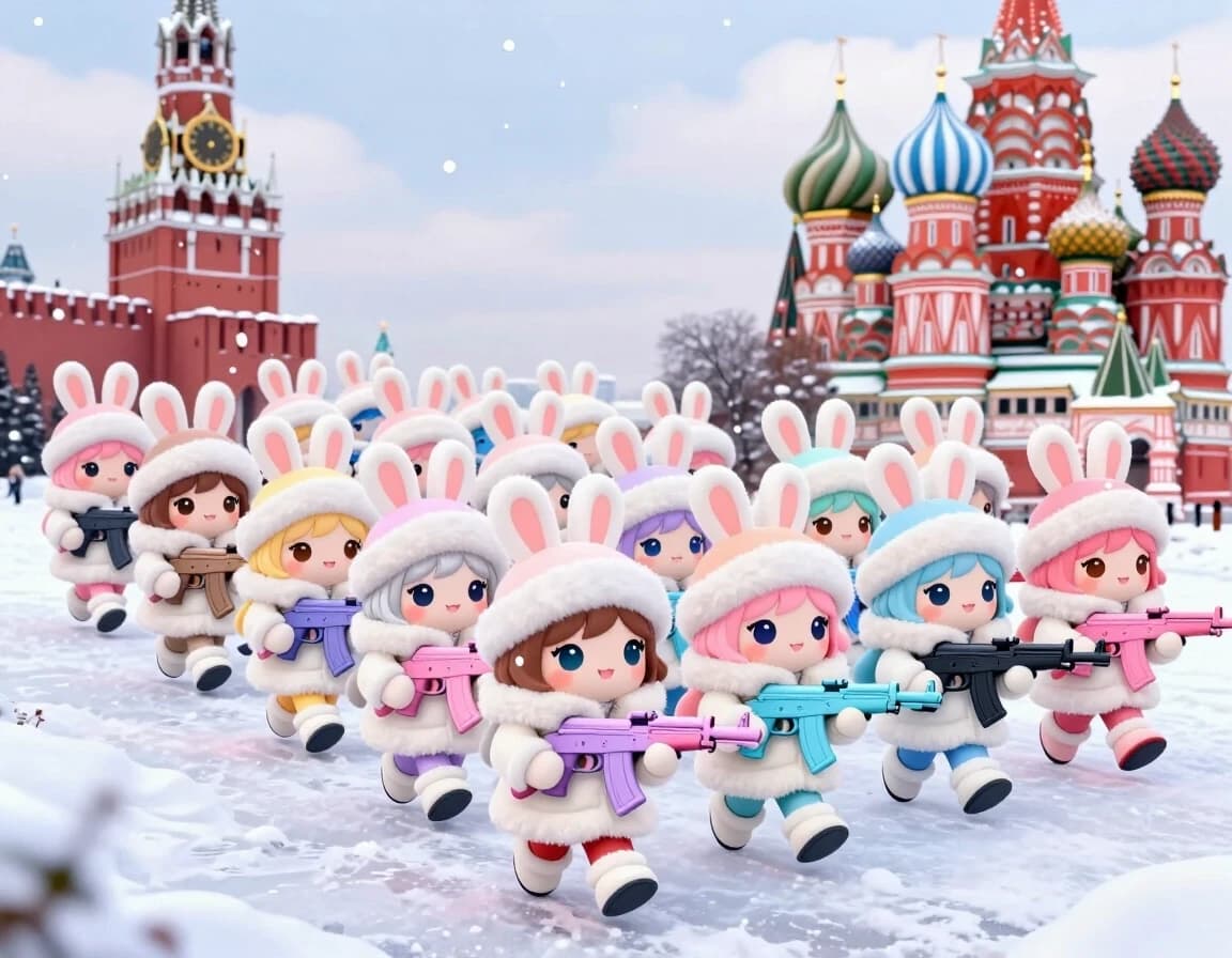Cute kawaii chibi-style anthropomorphic bunny girls marching in dense multiple parallel rows on snowy Red Square in Moscow.

Many ranks of adorable chibi rabbit girls with big sparkling eyes, fluffy bunny ears and small tails, each wearing a fluffy white winter fur coat, white bunny-ear ushanka hat and white boots.

They have diverse hair colors: light brown, blonde, soft pink, light blue, lavender, silver, peach, mint, etc.

Each girl holds a stylized cute pastel-colored AK-style rifle (pink, lavender, light blue).

They are marching forward in neat military parade formation, several deep rows stretching into the distance.
Winter landscape: thick white snow covering the ground, soft falling snowflakes in the air, snow on the roofs and walls.

Background: Spasskaya Tower with clock on the left, colorful onion domes of Saint Basil’s Cathedral on the right, pale winter sky with light clouds.
Highly detailed chibi anime style, soft pastel colors, wholesome and adorable atmosphere, clean composition, high quality