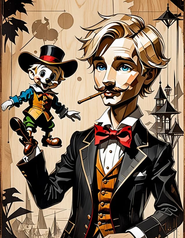 A masterpiece. Style:oil painting. (Image. A handsome traveling puppeteer, blond, clear features and expressive eyes, with a wooden Pinocchio puppet.):1.8. High quality. High resolution. Increased attention to the fine details and texture of the wooden Pinocchio. The artist is Russ Mills.
