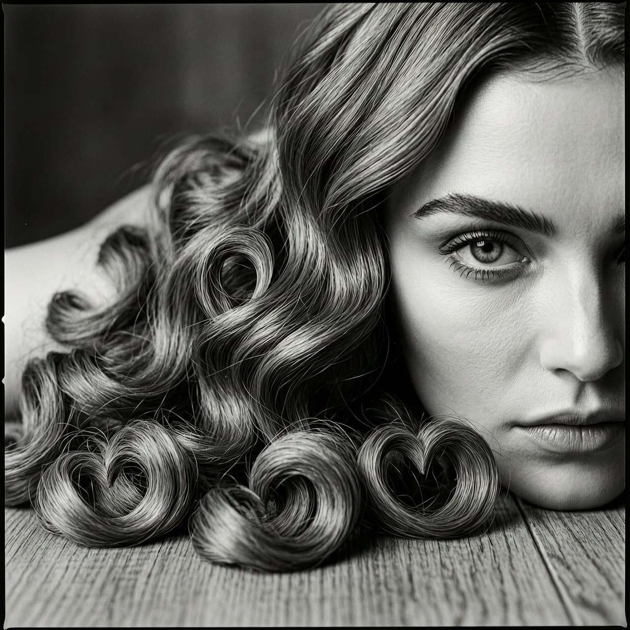 High-end fashion editorial black and white portrait, dramatic cinematic composition. A close-up shot of a young woman lying on the floor, where only half of her face is visible. The focus is razor-sharp on a single captivating eye, a perfectly groomed eyebrow, and the elegant, flowing contour of her cheekbone. Her voluminous hair, styled in soft, lustrous curls, artfully cascades across the frame, with specific strands intricately arranged to form clear, recognizable heart silhouettes against the background. Chiaroscuro lighting technique with deep, velvety shadows and brilliant highlights that accentuate the hyper-realistic texture of the skin and the fine details of every hair strand. Moody, sophisticated, and melancholic atmosphere. Fine art photography style, shot on 35mm film with a subtle vintage grain, soft silver-gelatin print aesthetic, high contrast, exquisite detail, professional studio lighting.