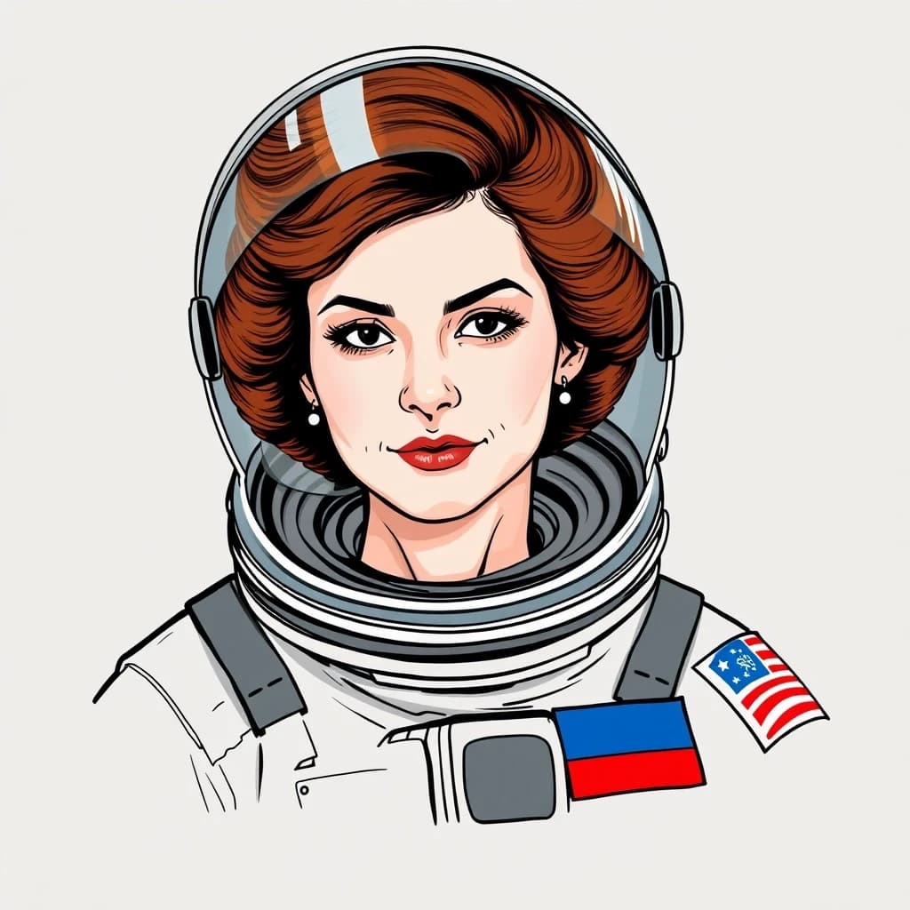 Нарисуй Валентину Терешкову — женщину в костюме космонавта, на плече нашивка флаг России