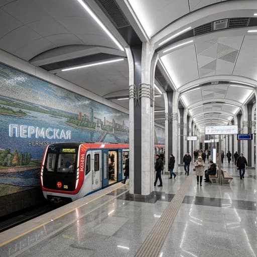 Сделай красивый, современный проект для станции метро Пермская в Новосибирске. Она должна быть калонной, а на одном из путей стоит поезд 81-725.3 "Москва"