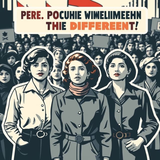 Создай стикер с фразой: три гордые женщины стоят, на фоне еще много женщин, они разные, на демонстрации. В стиле советских плакатов и изображений. Без надписей