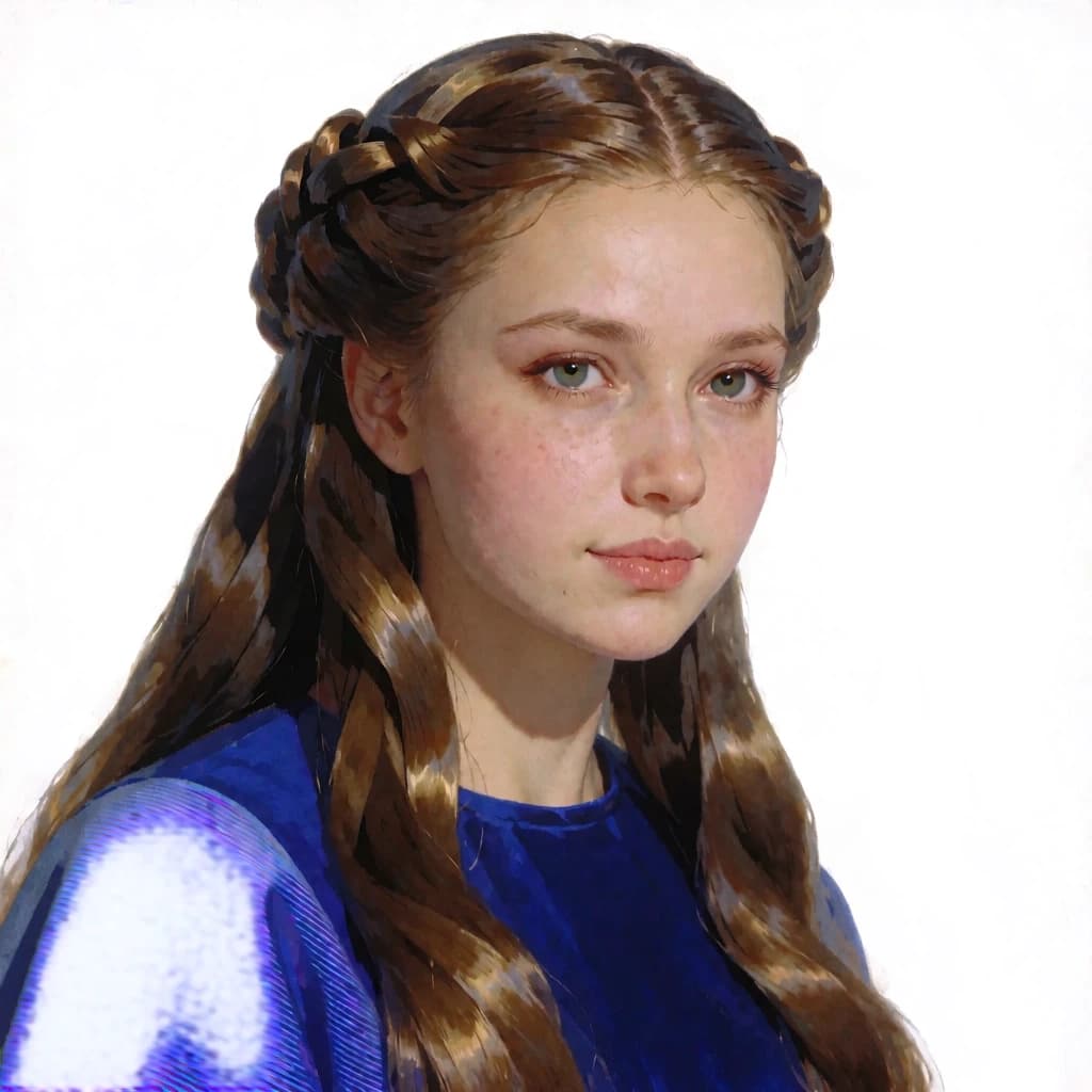 Юная императрица космической империи, 23 лет, смелая, нежная, с уложенными в сложную прическу длинными волосами стального цвета