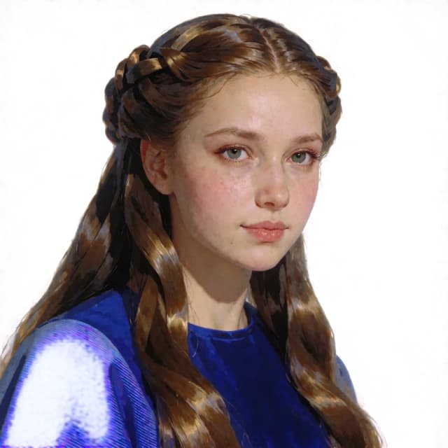 Юная императрица космической империи, 23 лет, смелая, нежная, с уложенными в сложную прическу длинными волосами стального цвета