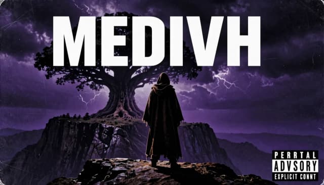 Photorealistic 1990s hip hop album cover style, low-key lighting, high contrast deep shadows. The word "MEDIVH" is written in a big bold clean sharp white block stencil font across the upper center of the cover, highly legible. Wide cinematic shot from behind of a mysterious lone male prophet in a tattered dark brown traveler cloak and hood, standing on the edge of a rocky mountain cliff, looking out at the horizon. In the distance ahead of him is a colossal giant world tree with a massive ancient trunk and huge branches under a dramatic stormy dark violet sky with heavy thunder clouds. Minimalist composition, deep pitch-black shadows enveloping the silhouette, raw energy, scratched vintage vinyl texture, 35mm film grain, parental advisory explicit content logo in the lower right corner, moody atmospheric design.