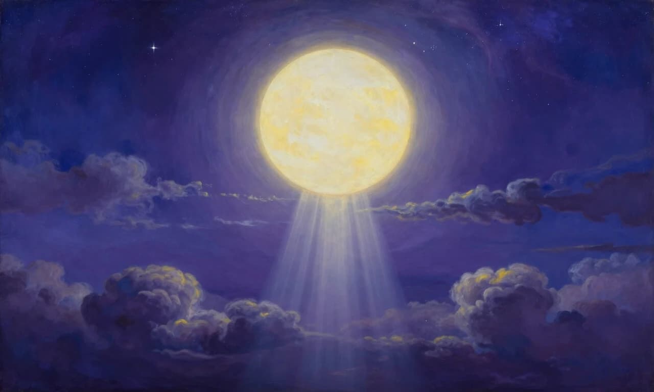 This is a breathtaking, surreal landscape painting that masterfully blends elements of day and night. Dominating the upper half of the composition is a vast, star-studded sky, rendered in deep indigo and violet hues, suggesting a cosmic or twilight setting. A colossal, radiant sun, glowing with an intense, almost divine yellow-white light, hovers centrally in the sky. From its core, powerful beams of light pierce downwards, illuminating the clouds and casting a celestial glow over the entire scene.