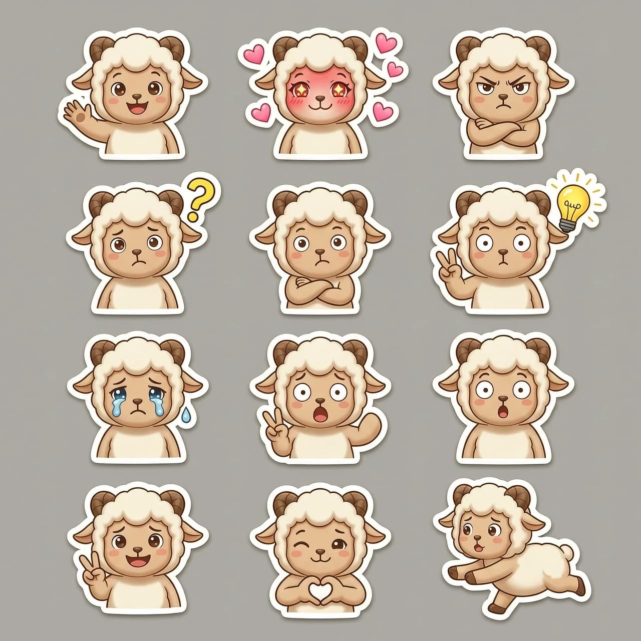 Sticker pack sheet of a cute lamb character, 3D cartoon style, high-quality render, C4D, Octane Render. The character has a brown horns. The set includes multiple individual stickers with a consistent character design, each featuring a thin white die-cut border, isolated on a plain neutral grey background. 

The sticker set includes the following diverse expressions and poses, where facial emotions perfectly match the gestures:
1. to wave one's hand. 
3. Love-struck with blushing cheeks, sparkling eyes, and floating pink hearts around her.
4. Angry with furrowed brows, a pout, and crossed arms.
5. Confused with a tilted head and a bright yellow question mark above his head.
6. Inspired with a "Eureka!" moment, eyes wide, and a glowing yellow lightbulb floating nearby.
7. Sadness with teary eyes and a small teardrop falling.
8. Extreme surprise with wide eyes and an open mouth.
9. Peace sign with a cheerful smile and a "V" gesture with her fingers.
10. Making a heart shape with her hands, looking sweet and affectionate.
11. Running away in panic, looking back with a worried