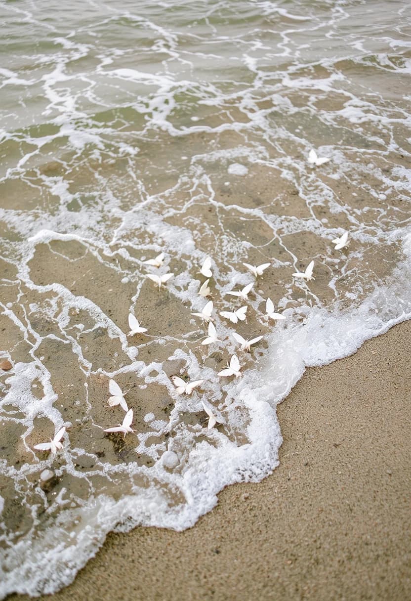 A flock of white butterflies at the edge of the tide