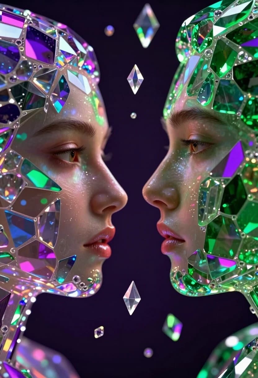 Extreme close-up of two faces in a moment of awkward silence during a dating show. Use "Luminous Crystal Mosaic Style": the characters' skin and features are composed of intricate layers of translucent iridescent glass and crystalline fragments. Floating geometric crystals and shimmering shards hover between them, symbolizing unspoken words. A rich symphony of deep purple, emerald green, and electric magenta. Internal glow creating a soft luminescence within the glass structures. Prismatic reflections, volumetric light caustic effects, extreme detail on every tiny glass tessera, 8k, surreal atmosphere, vivid color saturation.