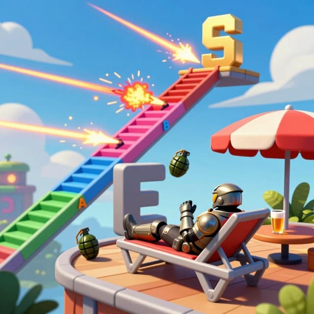 Персонаж в бронекостюме Zivcas M2C из игры StalZone лежит на шезлонге на нижней платформе лестницы с большой серой буквой Е. На заднем фоне лестница из платформ от самой нижней зелёной D затем синей C затем розовой B затем красной А затем самой верхней золотой S. На каждой платформе происходят сражения. Чем выше платформа тем больше взрывов и трассеров от пуль. Рядом с шезлонгом стоит зонтик, от которого отскакивает в сторону граната. Так же рядом находится столик с стоящим на нём стаканом пива.
