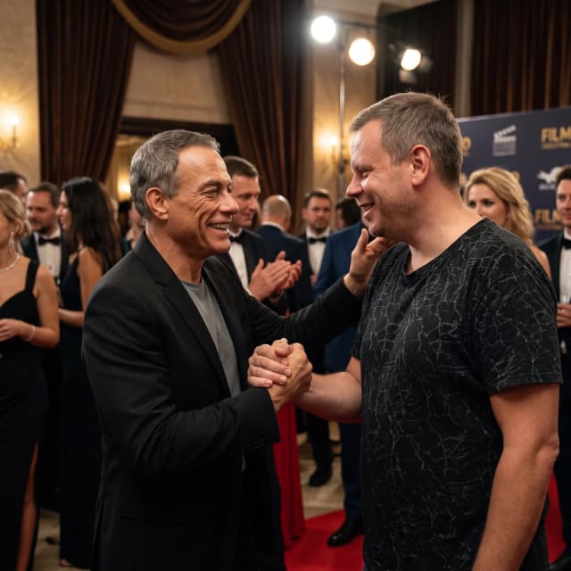 Me, a photo from the reference, and Jean-Claude Van Damme greet each other and smile,photorealistic, movie still style, epic wide shot, ultra-detailed, realistic