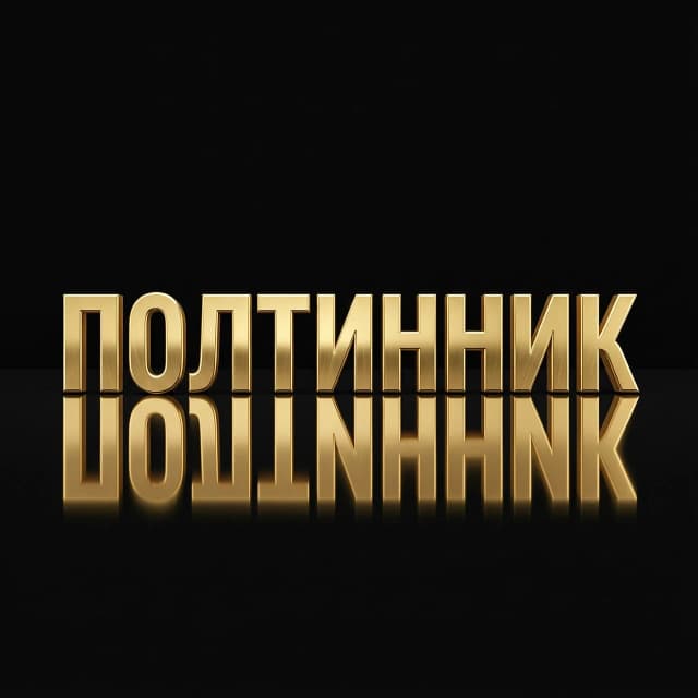 Minimalist composition on a solid, deep matte black background. In the center, the word "ПОЛТИННИК" is rendered in a bold, upright Soviet Afisha Cap style, reminiscent of mid-century Cyrillic signage. The letters are crafted from highly polished, reflective 24k gold, featuring realistic metallic luster, subtle specular highlights, and soft anisotropic reflections. Below the text, a perfect, symmetrical vertical reflection creates a flawless mirror effect on a dark, polished surface. High-end studio lighting, cinematic macro photography style, sharp focus on the golden texture, elegant atmosphere, 8k resolution, hyper-realistic metal material properties.