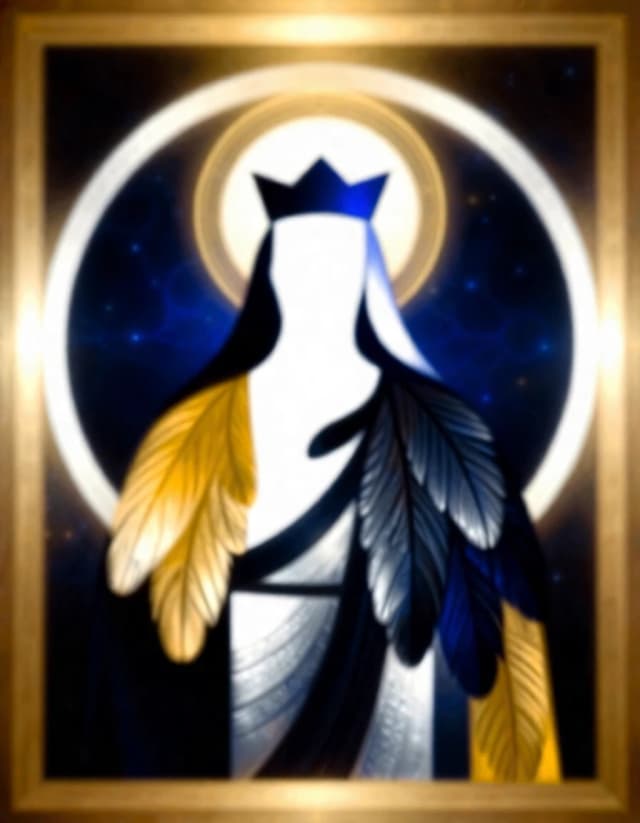Святой Николай Чудотворец. Style: magical cyber-realism, aesthetics of quantum shamanism, sacred fractal geometry, cinematic volumetric light, cosmic mysticism, detailed plumage, deep blue, gold, and silver tones, no wooden frames, no paper imitation, aspect ratio 16:9.х.