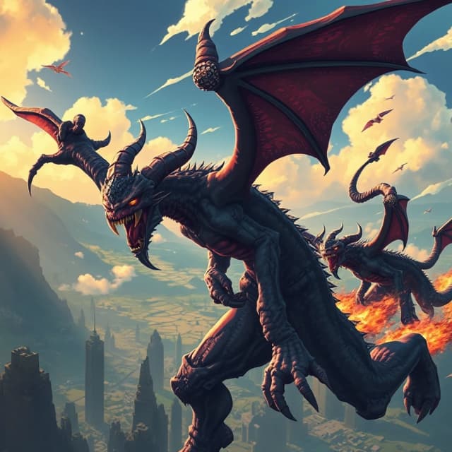 2D Game art, Aerial View of a Apocalyptic [Ore Pokémon:Garchomp:5] of Demons, Sunny, Ultrarealistic, Hopeful, Grunge Art, three colors, quality, fantastic aesthetic, enhanced quality, colorful, deep rich colors, flowing, extremely stylish, sunny