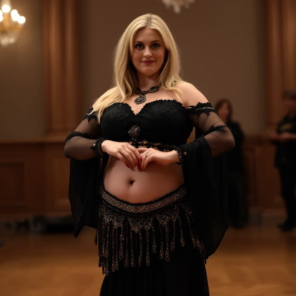 front view chubby belly dancer forty years woman in black costume blonde medium straight hair stand in hall