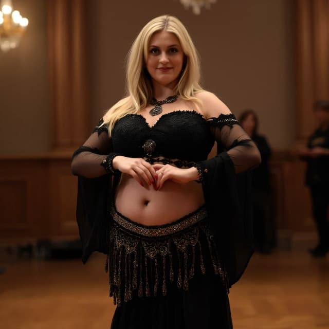 front view chubby belly dancer forty years woman in black costume blonde medium straight hair stand in hall