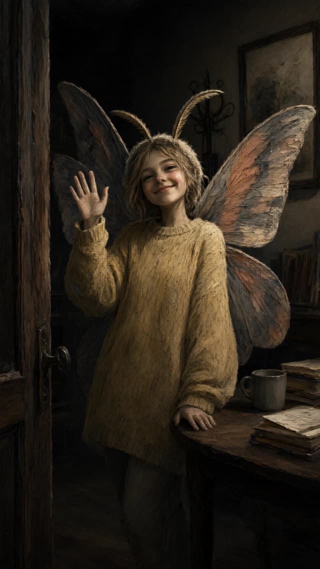 masterpiece, very aesthetic, 1girl, solo, dynamic angle, no lineart, mixed media, limited palette, muted colors, high contrast, tenebrism, a moth girl greeting the viewer warmly at home, highly textured painting with thick brush-like strokes and a rough gritty quality