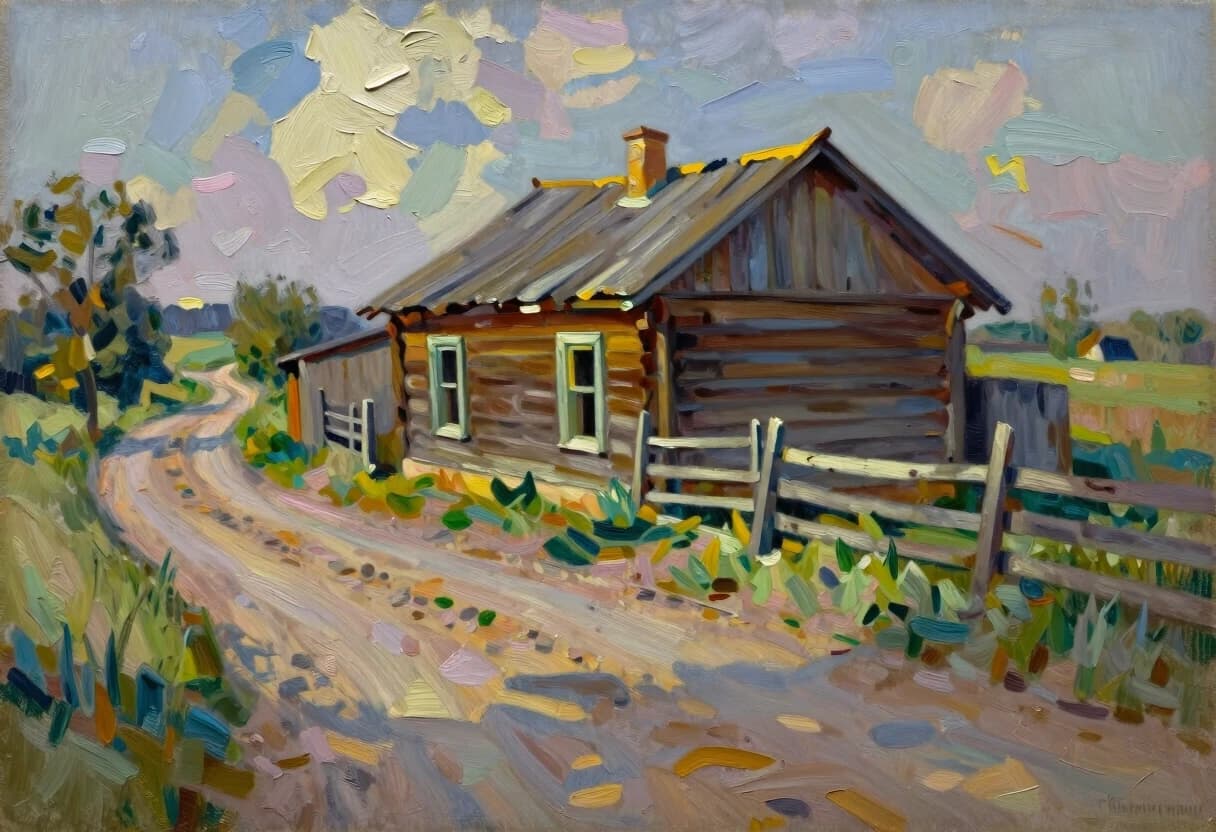 impressionist painting a modest rural plot.  The sun-warmed wood of an old house - rickety from time to time;  The road passing by is a dirt road, worn out by recent rains, but dried by the midday sun.  Sloping fences along the road, assembled from small boards, behind which grass has grown.  And a strange feeling of loneliness - as if everyone had left loose brushwork, vibrant color, light and shadow play, captures feeling over form, palette knife oil painting, bold strokes, thick texture, dramatic, expressive, chunky paint application, modern technique, 4K resolution, pastel colors, selective focus, cinematic lighting