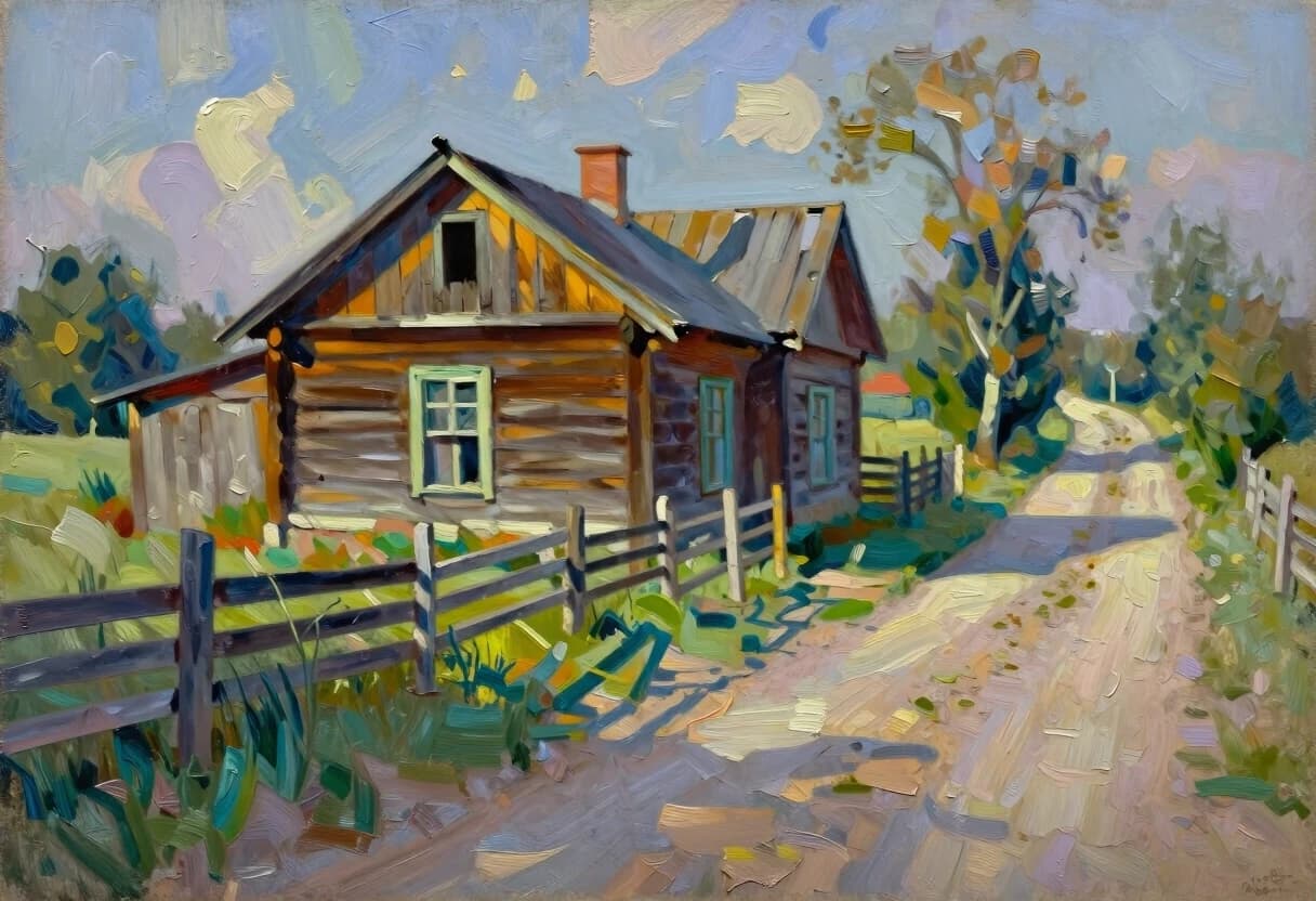 impressionist painting a modest rural plot.  The sun-warmed wood of an old house - rickety from time to time;  The road passing by is a dirt road, worn out by recent rains, but dried by the midday sun.  Sloping fences along the road, assembled from small boards, behind which grass has grown.  And a strange feeling of loneliness - as if everyone had left loose brushwork, vibrant color, light and shadow play, captures feeling over form, palette knife oil painting, bold strokes, thick texture, dramatic, expressive, chunky paint application, modern technique, 4K resolution, pastel colors, selective focus, cinematic lighting