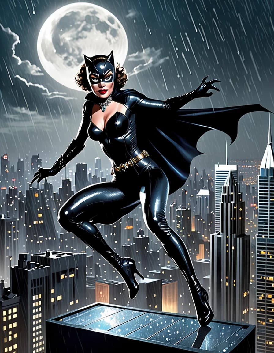 Dynamic nighttime scene: Selina Kyle as Catwoman makes a breathtaking leap between two skyscrapers. In one hand she carries a small case containing stolen jewels, while a sleek black cape flows behind her. Far below stretches a huge city filled with millions of lights, glowing signs and rain-soaked streets. A gigantic silver moon illuminates the sky. Selina is centered in the frame, highlighted by moonlight as droplets of rain fly through the air. Maximum sense of speed, grace and freedom. Epic superhero movie frame, photorealistic, dynamic perspective, cinematic lighting, incredibly detailed, vertical format.