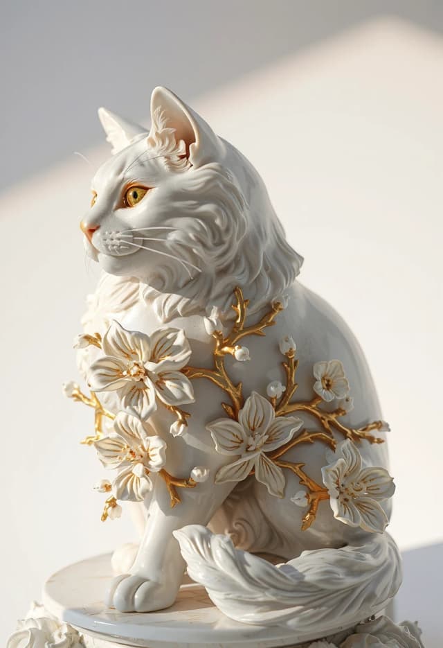 Digital image in Baroque and rocaille style with elements of kintsugi technique. Close-up. (Decorative sculpture made of white porcelain: 1.5). Golden cracks. Volume. The Persian cat. Glossy, porcelain, shiny. The cat's head and body are decorated with gorgeous embossed flowers. (Perfect white porcelain (1.5 ). Exquisite carvings that convey the fur, whiskers and tail of a seated cat. The edges of the leaves and the patterns are decorated with intricate carvings. Thin twigs, delicate flowers and leaves. Lots of fine gold veins. Intricate weaves, swirls, almost psychedelic ornaments. An amazing, mesmerizing sight: the glow. Luminescence. The background is white, with shadows and spectacular lighting. Style: rococo, surrealism, fairy tale, fantasy. Dynamic and expressive. Subtle patterns. Stylization, intricate decorative molding, surrealism, modernism. In the manner of Andrew Jones, Lorenzo Bernini. High quality.