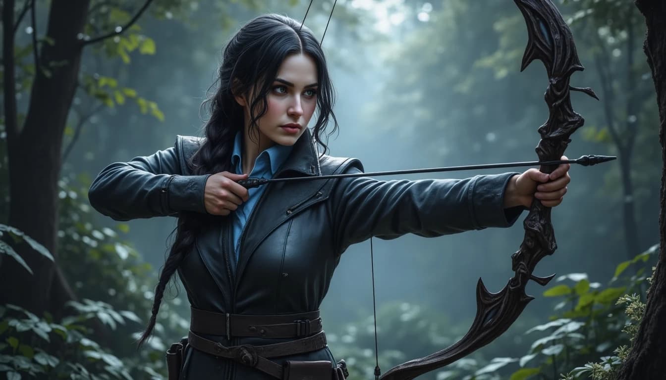 A dark fantasy portrait of a powerful and mysterious Archer with pale skin and long braid black hair, wearing a magical suit, Her expression is serene yet somber, standing in the magic forest, magical light. The overall atmosphere is ethereal, dramatic, and enchanting. Painted in a highly detailed, semi-realistic digital art style.