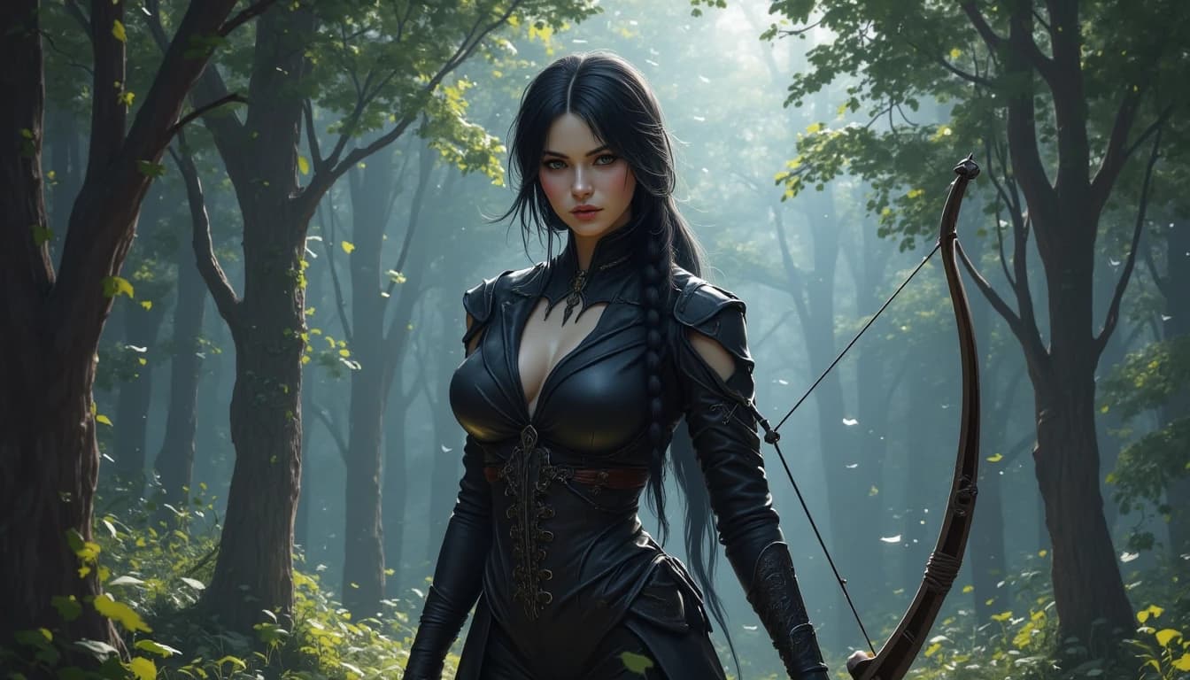 A dark fantasy portrait of a powerful and mysterious Archer with pale skin and long braid black hair, wearing a magical suit, Her expression is serene yet somber, standing in the magic forest, magical light. The overall atmosphere is ethereal, dramatic, and enchanting. Painted in a highly detailed, semi-realistic digital art style.