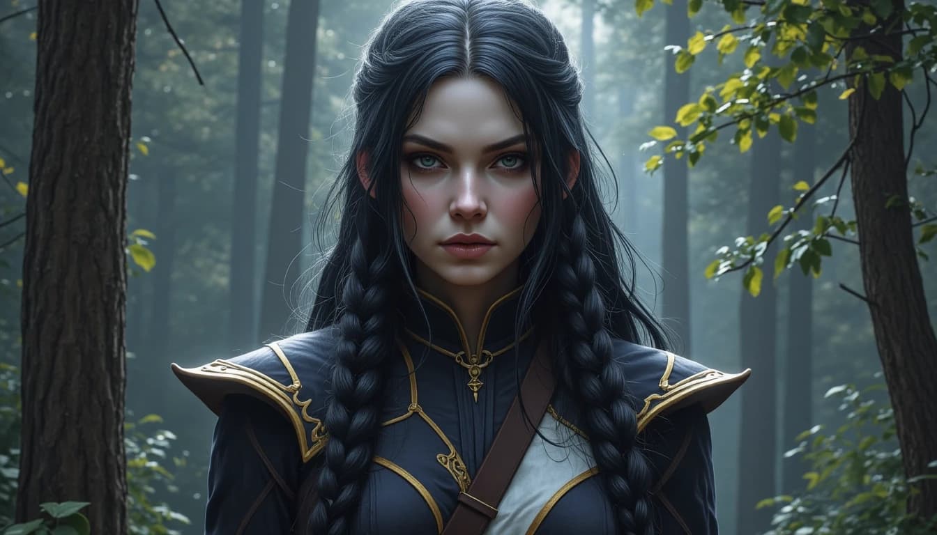 A dark fantasy portrait of a powerful and mysterious Archer with pale skin and long braid black hair, wearing a magical suit, Her expression is serene yet somber, standing in the magic forest, magical light. The overall atmosphere is ethereal, dramatic, and enchanting. Painted in a highly detailed, semi-realistic digital art style.
