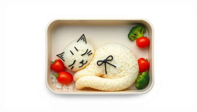 A perfectly arranged Japanese bento box featuring a sleeping cat made of fluffy white rice, with nori details for its eyes and whiskers, snuggled under a blanket made of a thin egg omelette. Surrounding the rice-cat are colorful cherry tomatoes and broccoli florets. Bright, flat-lay food photography.