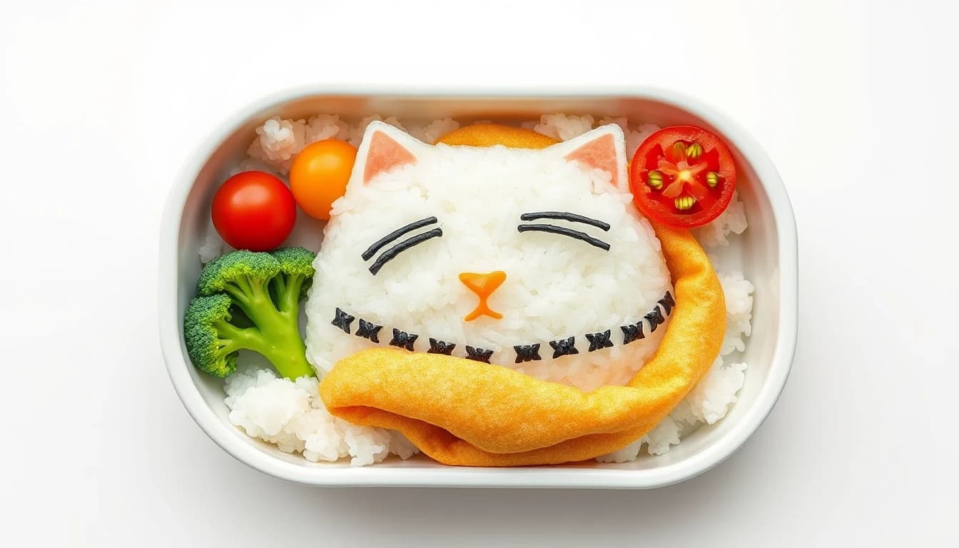 A perfectly arranged Japanese bento box featuring a sleeping cat made of fluffy white rice, with nori details for its eyes and whiskers, snuggled under a blanket made of a thin egg omelette. Surrounding the rice-cat are colorful cherry tomatoes and broccoli florets. Bright, flat-lay food photography.