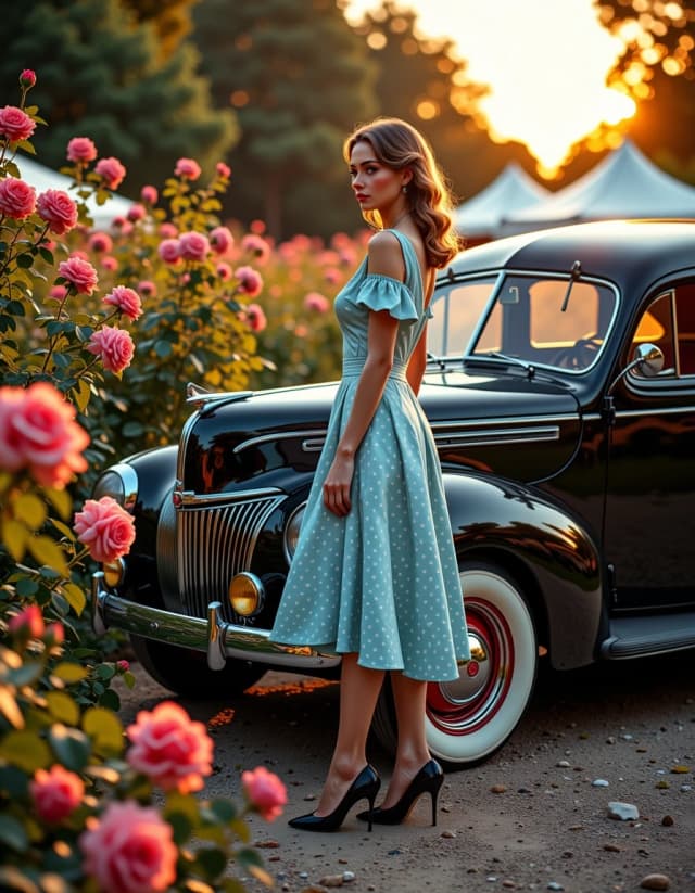 A masterpiece,  in the style of the 1980s, with bold lines, dynamic strokes and rich textures, on background with a touch of nostalgia, perhaps with subtle drawings inspired by cellulose and vintage, worn textures similar to paper, oil painting, cinematic scene of a glossy black 1940s classic car parked on a gravel path beside a lush rose garden at golden hour, its chrome grill and whitewall tires reflecting warm sunset hues; a poised woman in a mid-century light blue polka-dot wrap dress and vintage heels stands by the passenger door, softly touching the car with elegant 1940s waves in her hair and subtle red lipstick, gentle contemplative expression, three-quarter view. Soft warm light, long shadows, shallow depth of field with creamy bokeh on the roses and garden tents in the background, high-resolution textures on metal, fabric and skin, rich filmic color grading, slight film grain, natural skin tones, cinematic framing, high detail, realistic reflections, soft vignette, 50mm lens feel, f/2.8, low ISO, balanced contrast and warm highlights. hdr