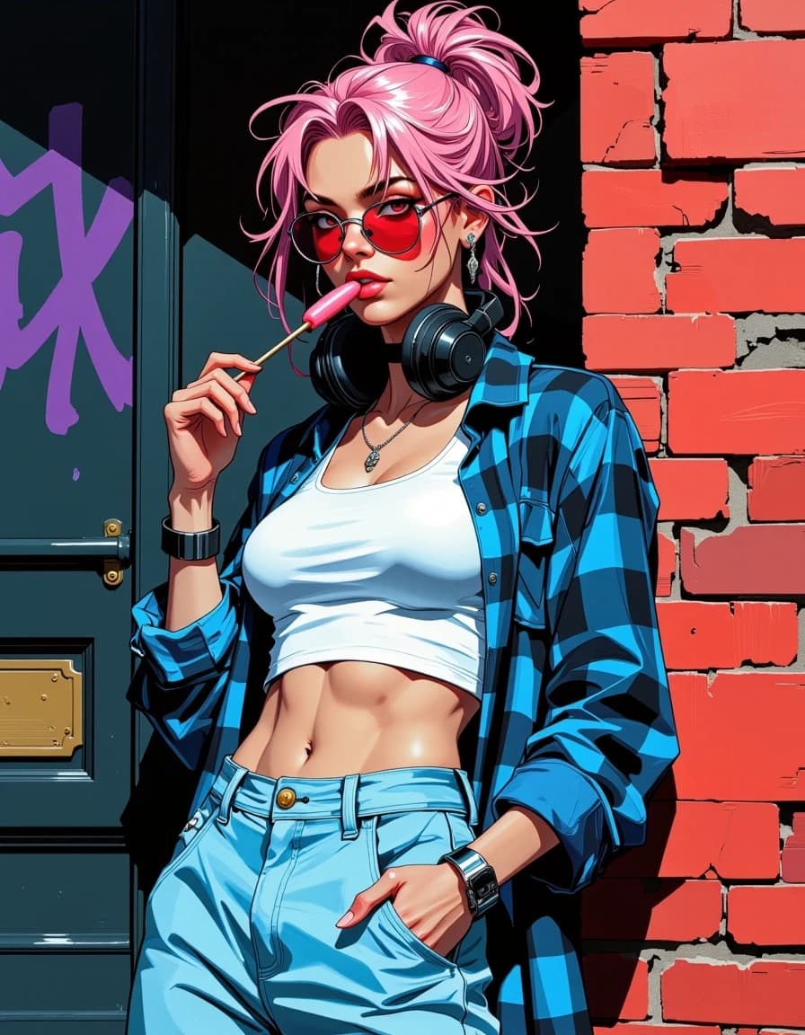 A masterpiece,  in the style of the 1980s, with bold lines, dynamic strokes and rich textures, on background with a touch of nostalgia, perhaps with subtle drawings inspired by cellulose and vintage, worn textures similar to paper, oil painting,  Urban cinematic portrait of a rebellious young woman leaning against a weathered red brick wall, three-quarter body composition, slightly low angle. She has messy pink hair pulled into a high ponytail with loose strands framing her face, wearing small round red-tinted sunglasses pushed down slightly, a thin black choker, and large black over-ear headphones resting around her neck. Outfit: white fitted crop top, oversized blue plaid flannel shirt left open, high-waisted light blue jeans with hands casually in pockets, white sneakers visible. She holds a lollipop stick in her mouth with a cool, aloof gaze. Background includes a dark metal door with purple graffiti and a small sticker, textured mortar and brick, subtle urban grime. Lighting: soft natural side light with warm rim highlights on hair and shoulders, deep yet natural shadows, high detail on skin pores, fabric folds, and brick texture. Mood gritty, stylish, cinematic photorealism with slight painterly brush detail, shallow depth of field, rich color grading, high contrast, 50mm portrait feel, f/1.8, crisp focus on eyesanges, epic moody atmosphere, 4k resolution, dramatic depth, strong highlights and painterly brushwork. celshading, simple background
