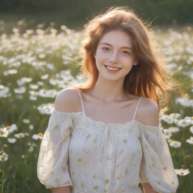 A radiant young woman standing waist-up in a sun-drenched meadow of white daisies, smiling softly as warm golden hour sunlight illuminates her freckled skin and windswept light brown hair, wearing an off-the-shoulder billowy white peasant dress with delicate ruffles, three-quarter portrait, slight upward gaze, natural relaxed expression, painterly oil painting aesthetic with visible brushstrokes and soft impasto highlights, rich warm color palette of golds, greens and soft blues, luminous skin tones with rosy cheeks, shallow depth of field with soft bokeh wildflowers in foreground and background, dramatic cumulus clouds on the horizon, gentle breeze movement in hair and fabric, cinematic soft rim lighting, romantic dreamy atmosphere, highly detailed face and textures, subtle film grain and canvas texture for authentic traditional oil painting feel, balanced composition and harmonious lighting.