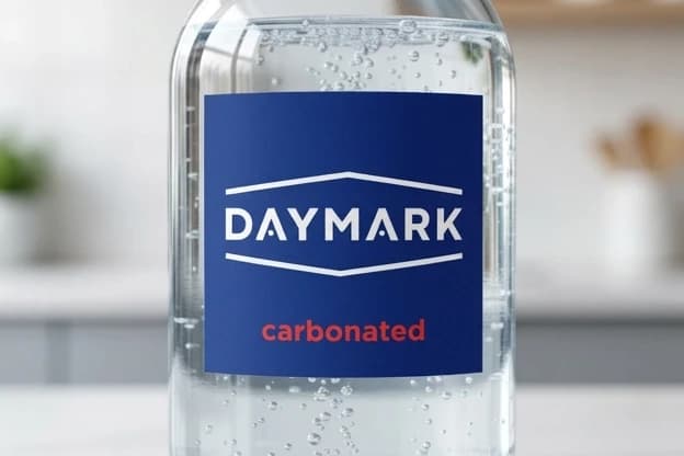 создать этикетку для воды как выглядит на бутылке:
бренд DAYMARK
размер:  8*8 см
фон этикетки синий как на бренде
бренд занимает 70% лицевого изображения
под брендом текст: газированная
цвет текста красный