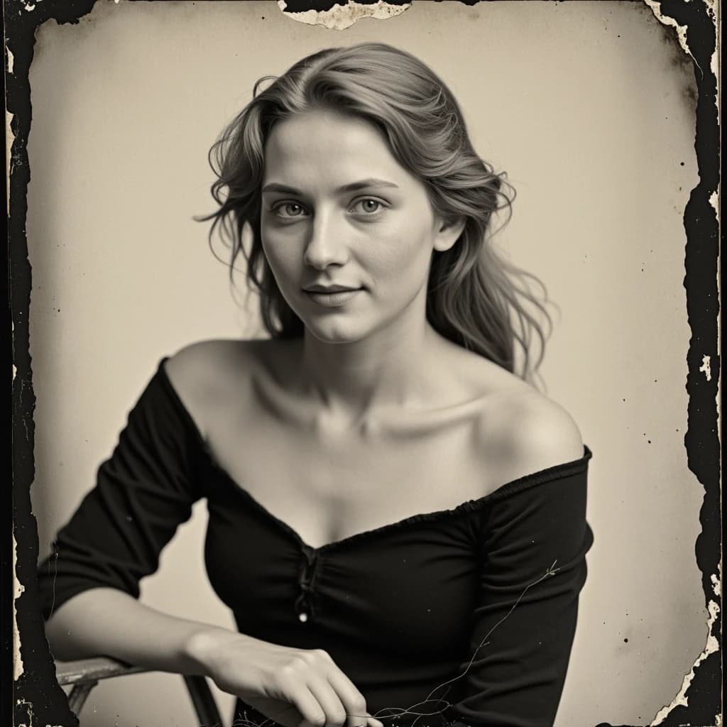 Молодая женщина (примерно 25–28 лет), стройная, светлая кожа, длинные волосы собраны на затылке, голубые/серые глаза, нейтральное уверенное выражение лица с лёгкой полуулыбкой. На ней: Чёрный топ с открытыми плечами. Поза: слегка наклонена вперёд, руки опущены, плечи расслаблены.