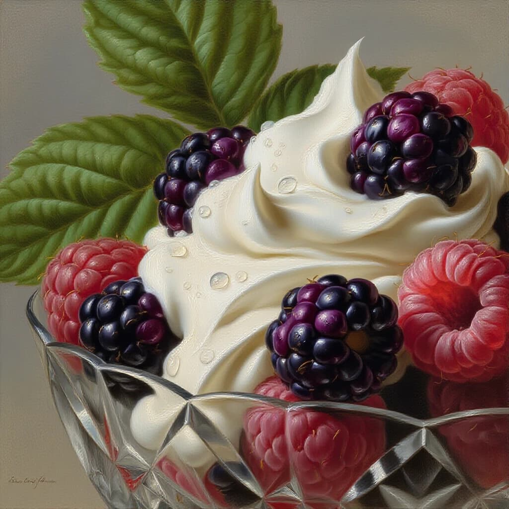 A hyper-realistic oil painting, food photography style, close-up macro shot of a crystal-cut glass dessert bowl filled with a tall swirl of thick white whipped cream adorned with water droplets. The bowl is surrounded by and contains glossy, juicy blackberries with dark purple drupelets and vibrant red raspberries. Fresh, deeply veined green raspberry leaves placed on top. Sharp light reflections dancing on the glass facets and the wet, shiny skin of the berries. Blurred, muted gray-beige background to highlight the dessert. Photorealistic rendering, intense details, delicious textures, 8k resolution, soft natural lighting. --v 6.0, --style raw, --ar 9:16